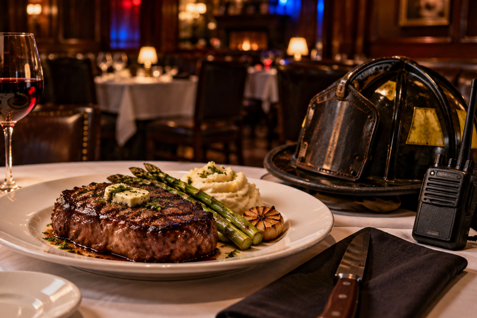 Steak dinner and firefighter helmet representing Five O’Clock Steakhouse’s September first responder discount